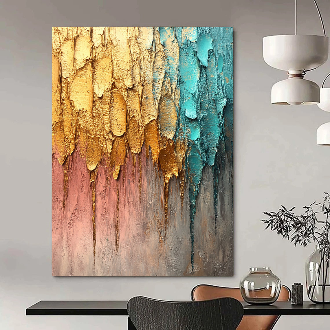 Contemporary abstract painting featuring textured brush strokes in gold silver and teal against a muted gray background with dynamic raindrop-like lines. DLZ1193