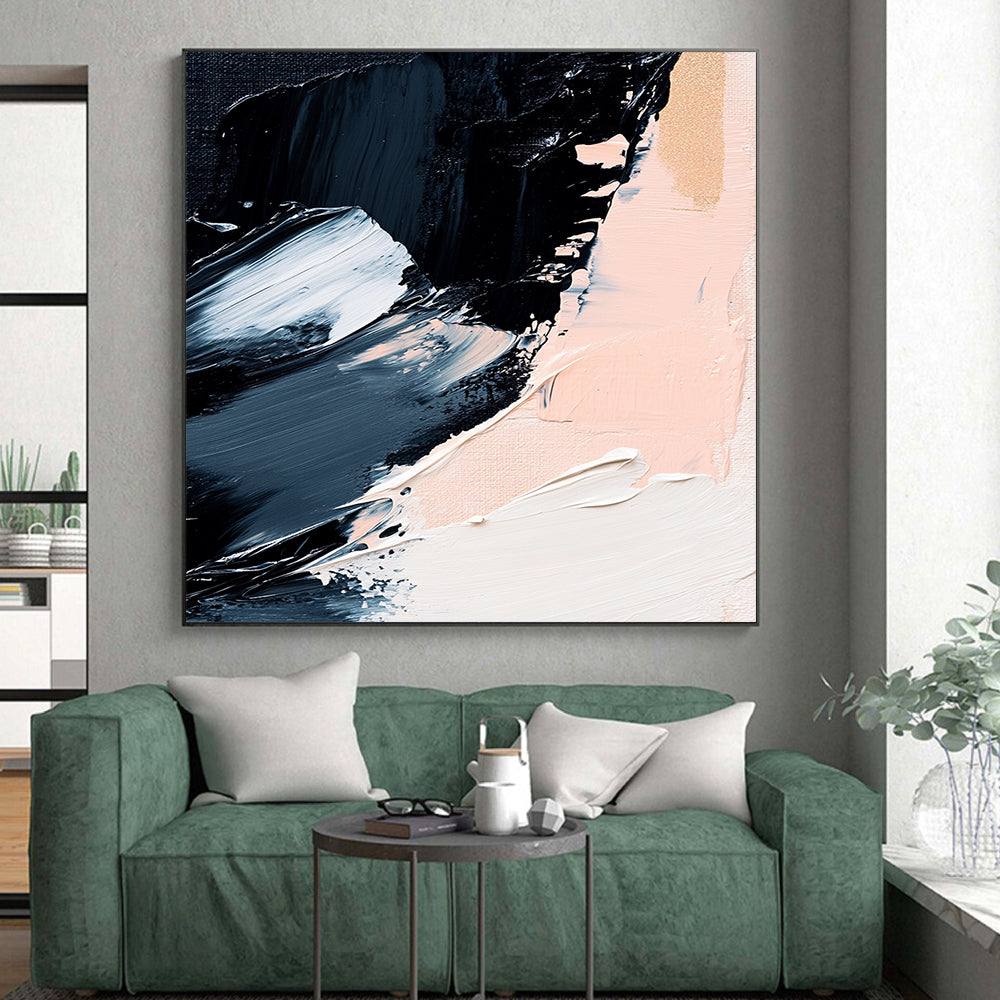 Black, White, Gold, Blush, Brush Strokes "Gilded Blush Drama" Abstract Gestural Painting On Canvas HB168