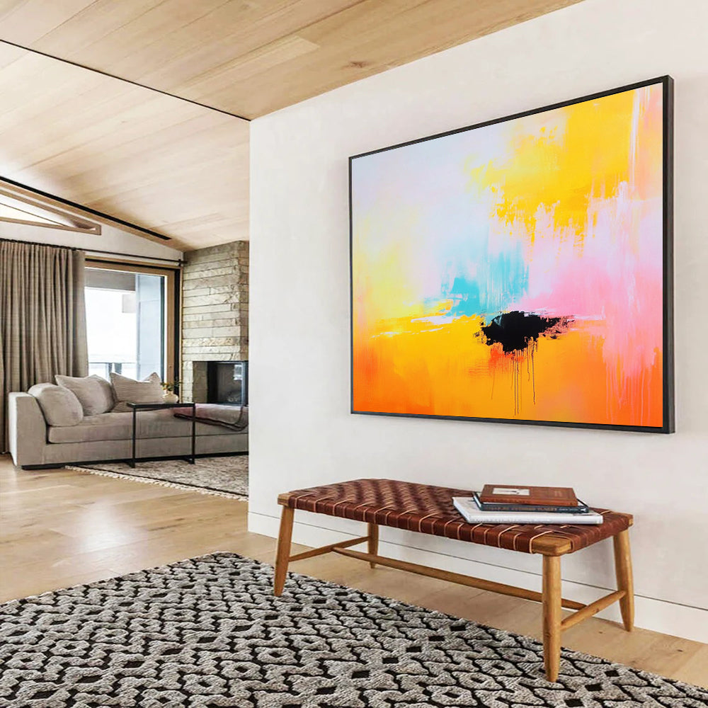 “Bright Abstract with Black Accent” - Yellow, pink, blue, black; Bright abstract with a bold black shape; Acrylic Painting On Canvas HB1277