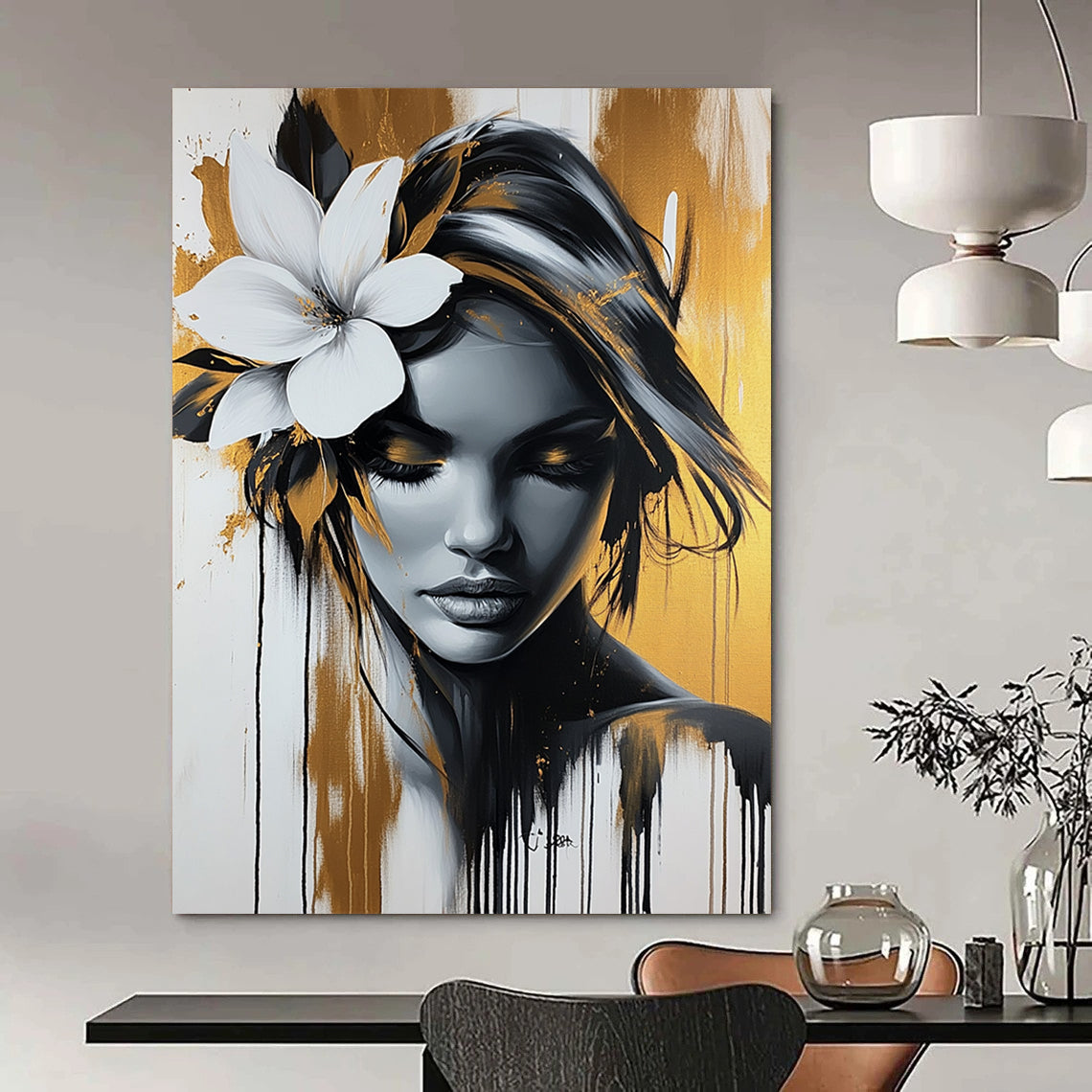 Contemporary abstract artwork featuring an elegant woman with a white flower, gold and black palette, dripping paint effect against a white background. DLZ1404