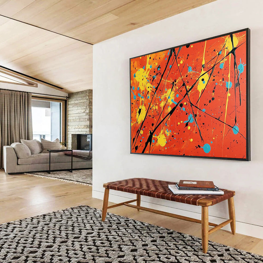 “More Colorful Splatter On Orange” - Orange, Yellow, Blue, Black, Abstract Expressionist Painting On Canvas HB0684