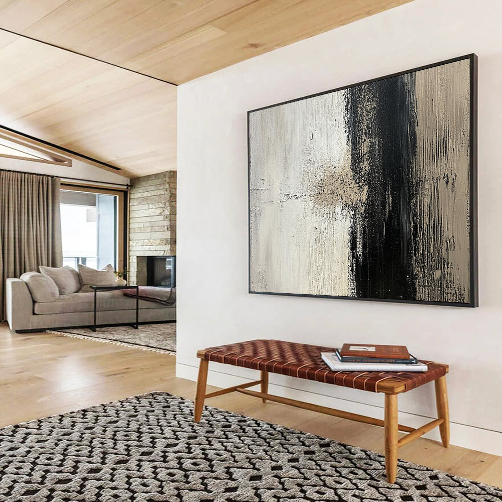 “Textured Black and White Abstract” - Black, white, beige; Textured abstract with bold brushstrokes; Acrylic Painting On Canvas HB1269