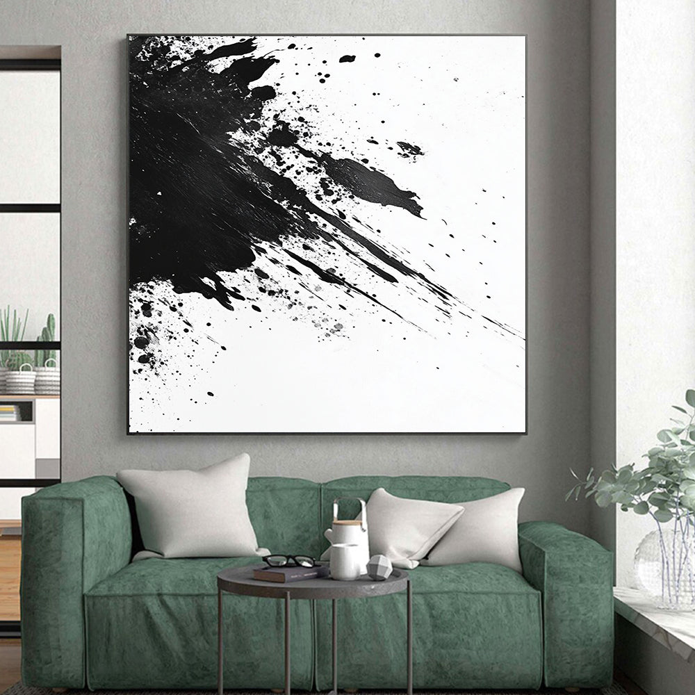 Black and White Energetic Splatter "Dynamic Impact" Painting On Canvas HB300