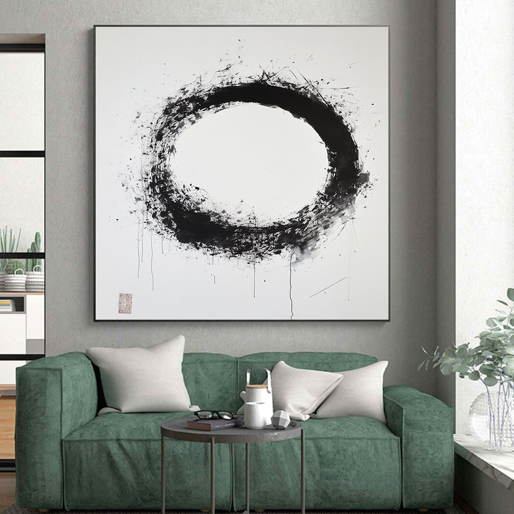 Black & Gray Splattered Circular Ink - “Subtle Enso Depth” Painting On Canvas HB248