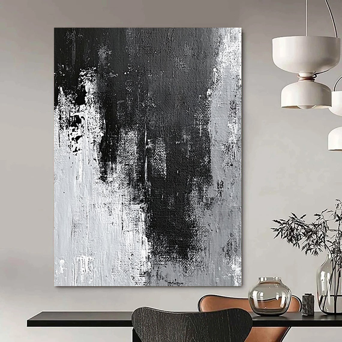 Contemporary hand-painted abstract artwork showcasing intricate gray and black textures with white wall effects and dynamic paint streaks and splashes. DLZ0395
