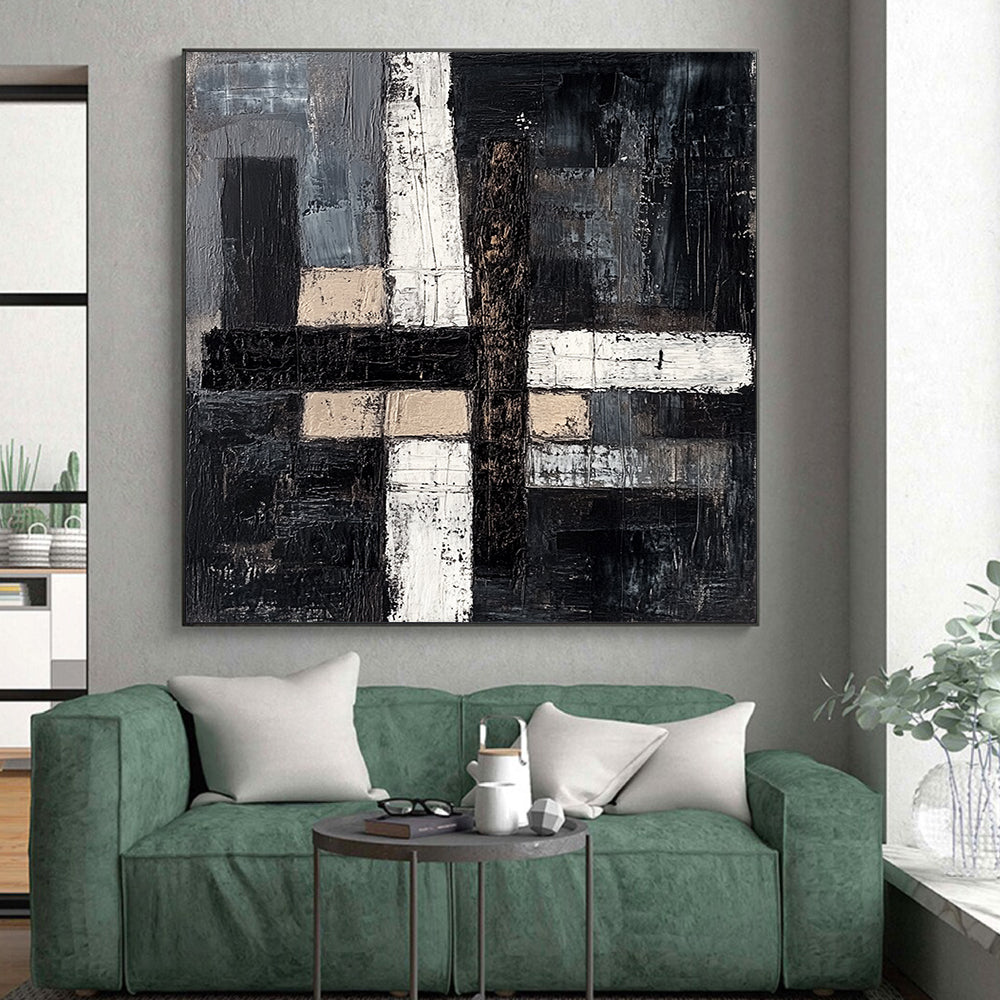Black, Gray, Beige, White with Textured Blocks "Subtle Stories" Abstract Painting On Canvas HB007