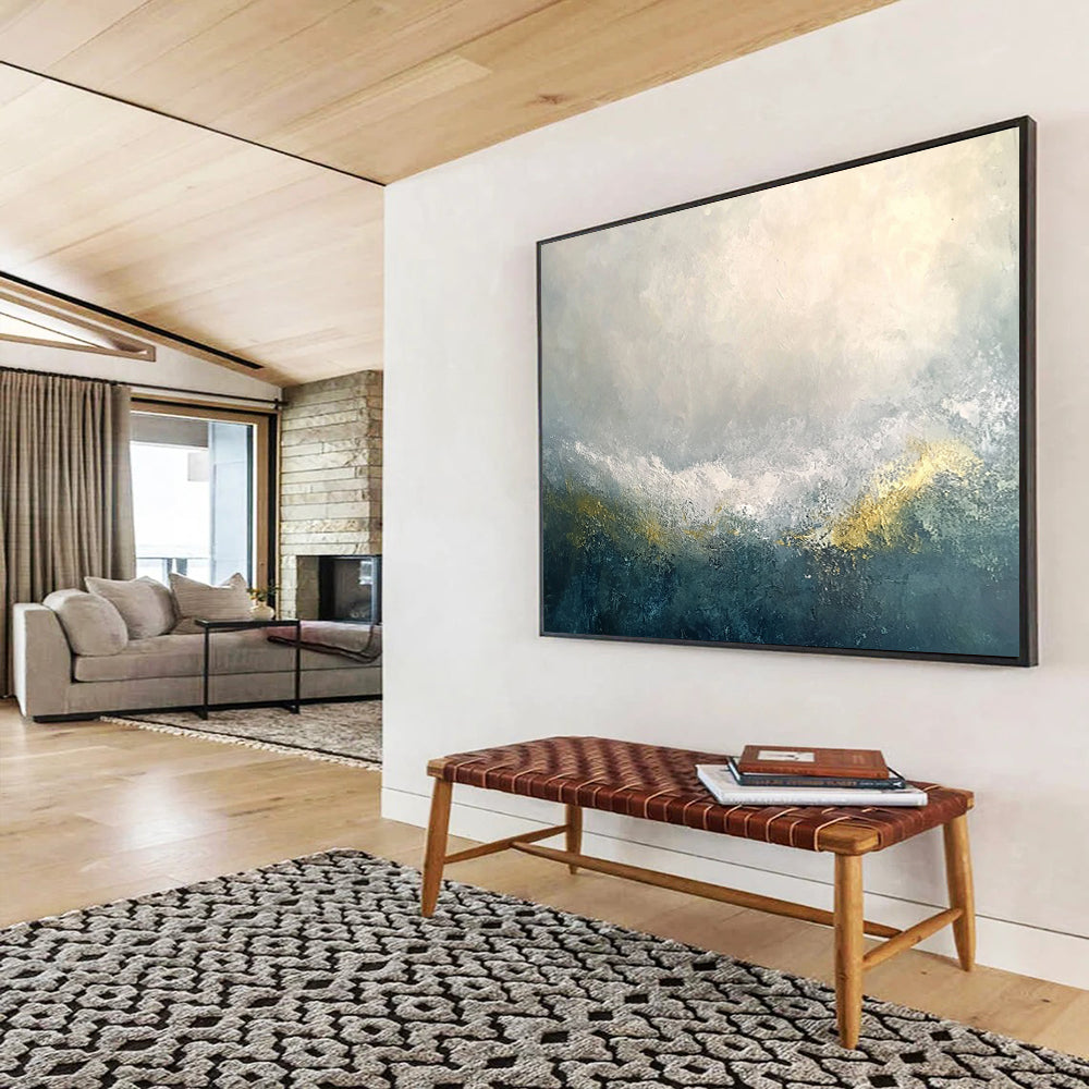“Mystic Gray - Gold Horizons” - Gray, White, Gold, Abstract Misty Mountain Ranges Painting On Canvas HB1019