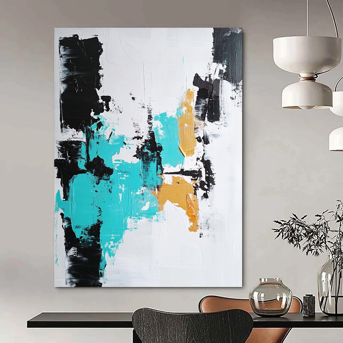 Contemporary hand-painted abstract artwork featuring bold brushstrokes in black, white, and teal, perfect for modern decor. DLZ0819