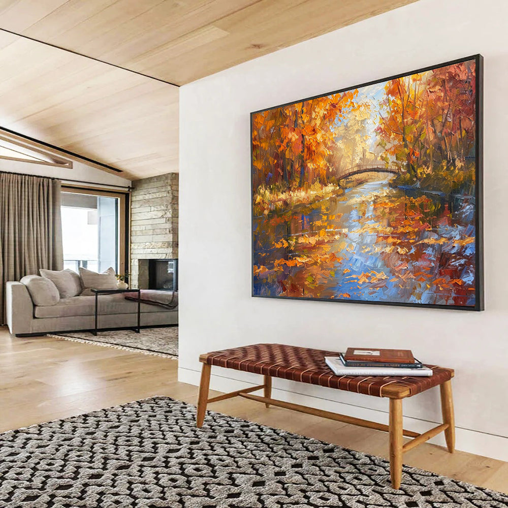Autumn Forest River & Bridge - Cozy Living Room or Office Art DLZ196