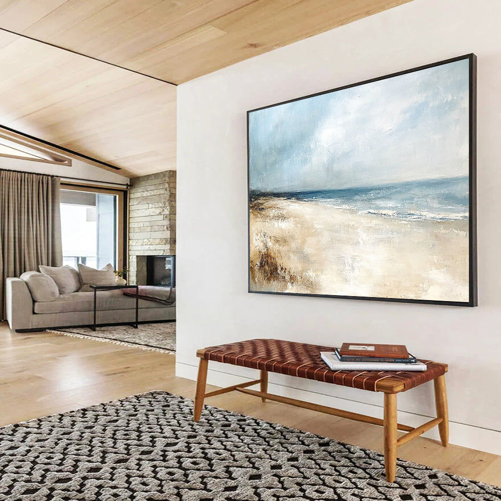 “Serene Beachscape” - Blue, Beige, Gray, Realistic - Style Abstract Beach Painting On Canvas HB1072