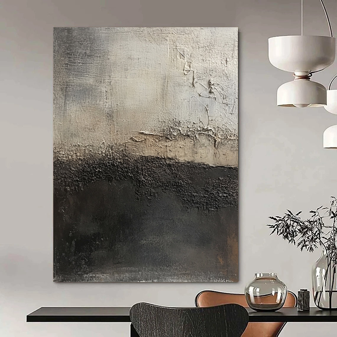 Contemporary large hand-painted abstract artwork featuring dark gray and light brown textures highlighting decay against an abstract dark gray and white background. DLZ1295