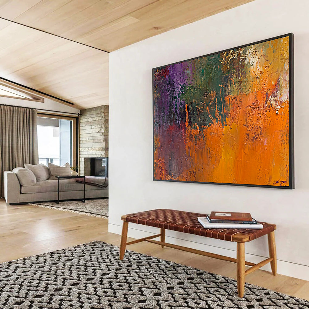 “Vibrant Textured Abstract” - Purple, Green, Orange with Thick Impasto - Painting On Canvas HB1394