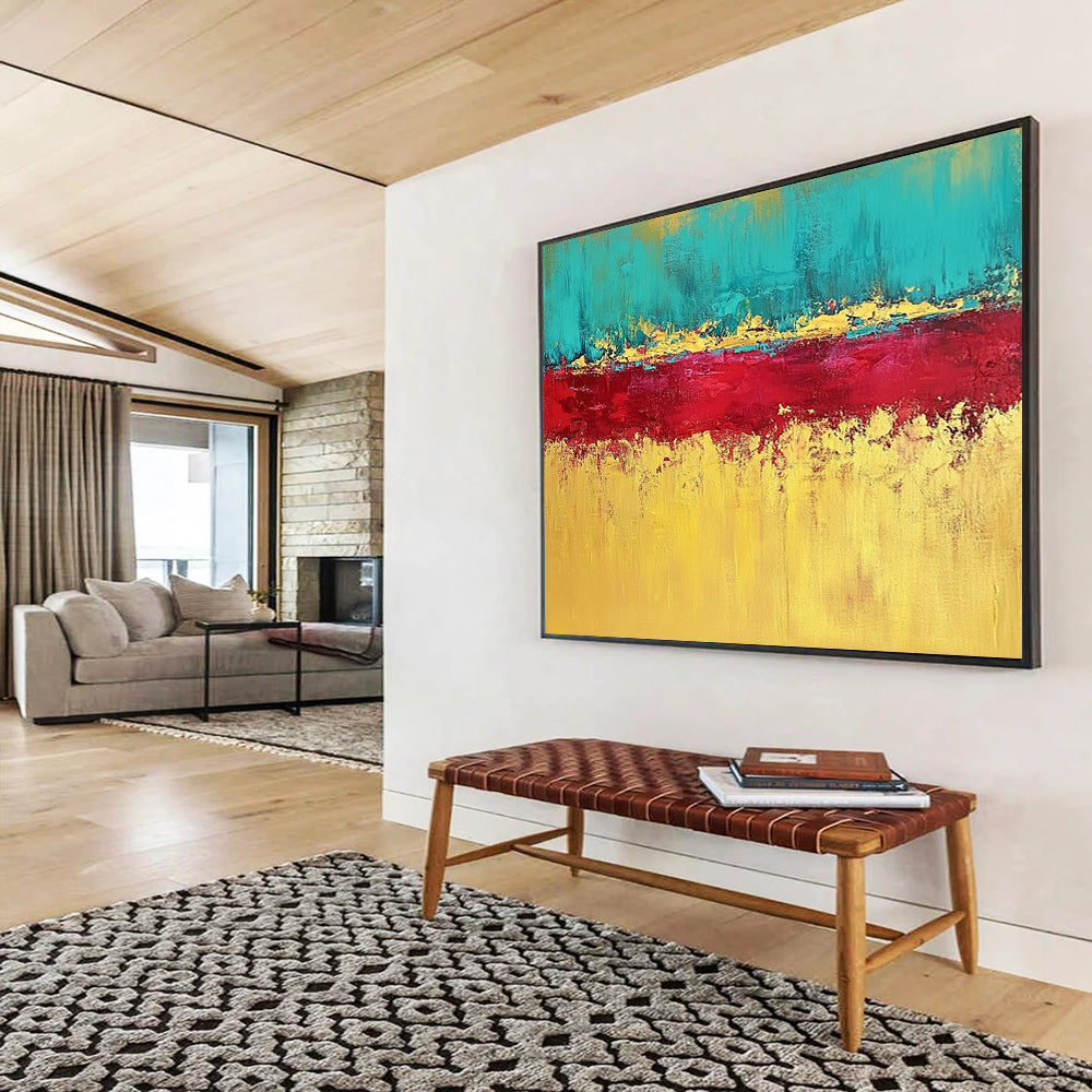 “Teal, Red, and Gold Abstract Horizon” - Teal, red, gold, yellow; Abstract color - block horizon; Acrylic Painting On Canvas HB1221