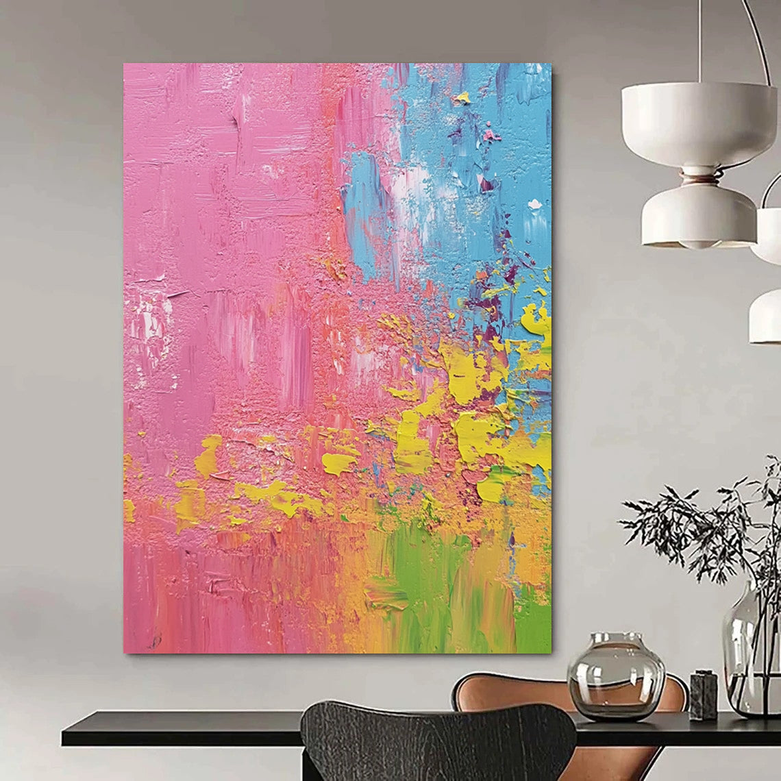 Contemporary hand-painted abstract artwork featuring pink lime green and blue highlights in a textured farmhouse scene that captures the essence of springtime. DLZ0783