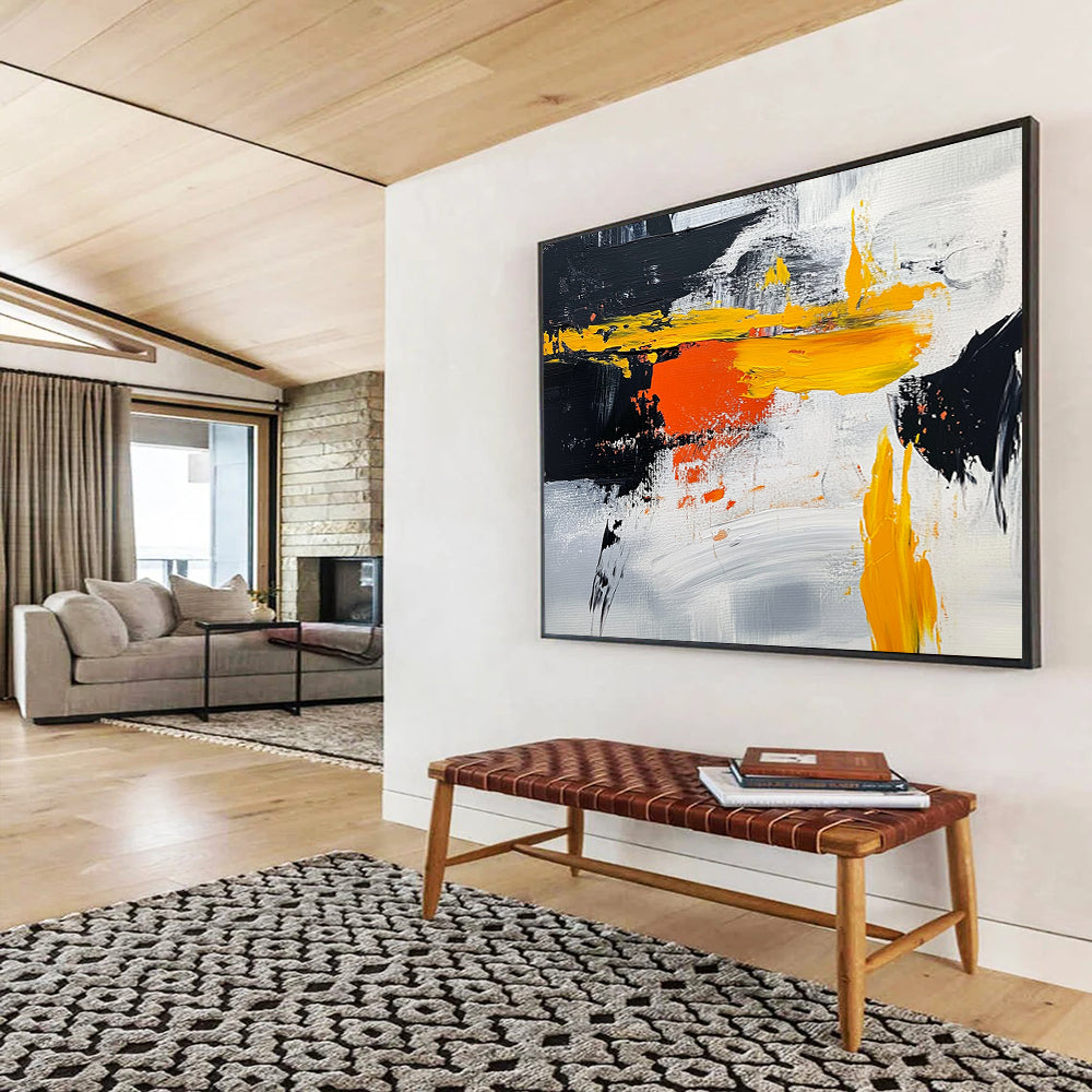 “Vibrant Yellow - Orange - Black Abstract” - Yellow, Orange, Black, Gray, White, Bold Strokes Painting On Canvas HB0812