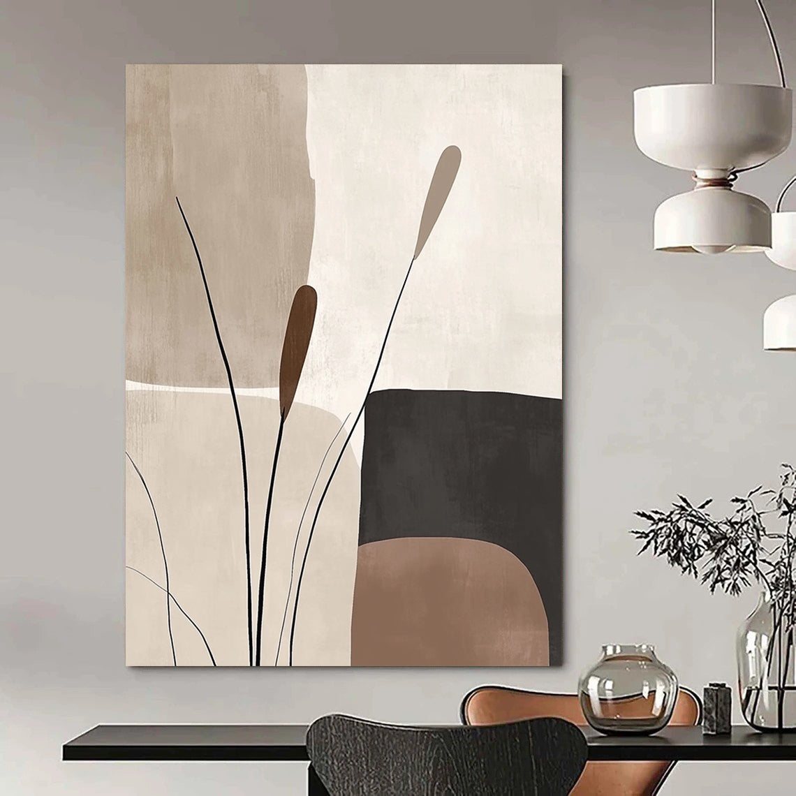 Contemporary abstract artworks feature organic forms in beige and brown tones offering a serene minimalist aesthetic with harmonious geometric patterns. DLZ0791