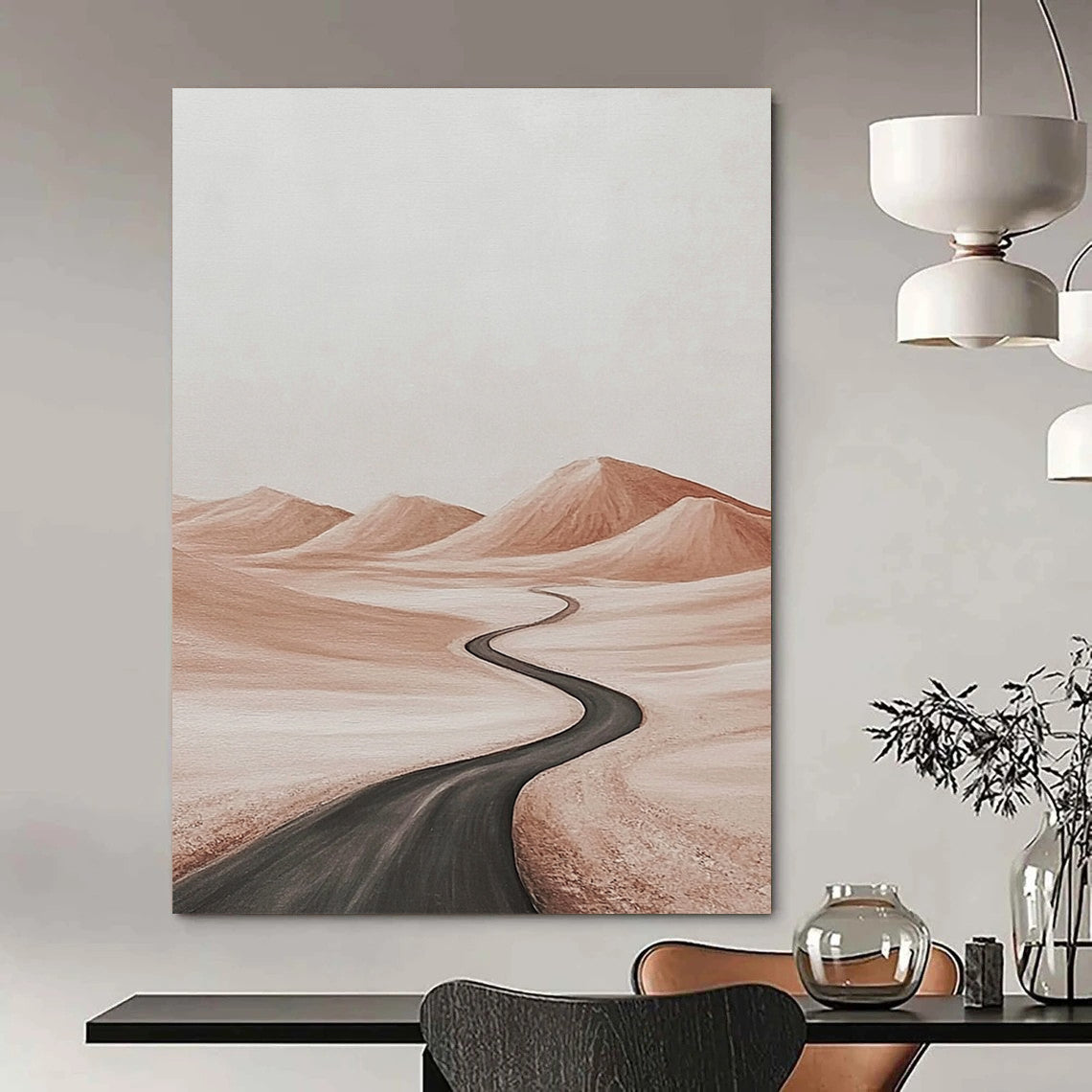 Contemporary abstract painting featuring a tranquil desert road with distant hills in subtle light browns and grays against a white background for serene ambiance. DLZ1451