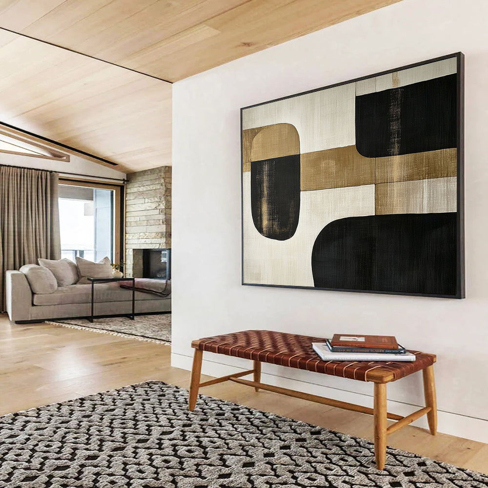 “Minimalist Gold - Black Shapes” - Gold, Black, Minimalist Abstract Painting On Canvas HB0782