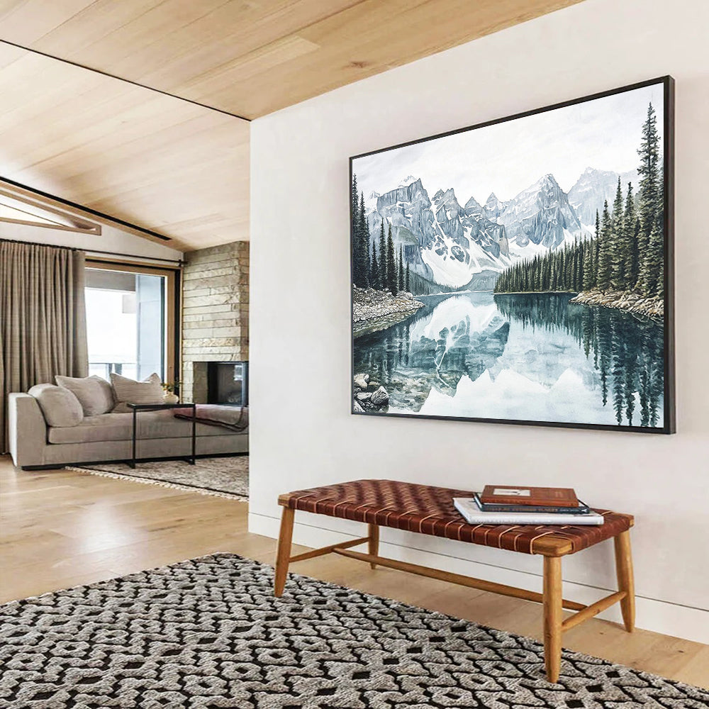 “Realistic Mountain Lake” - Blue, Gray, Mountain, Lake Painting On Canvas HB0763
