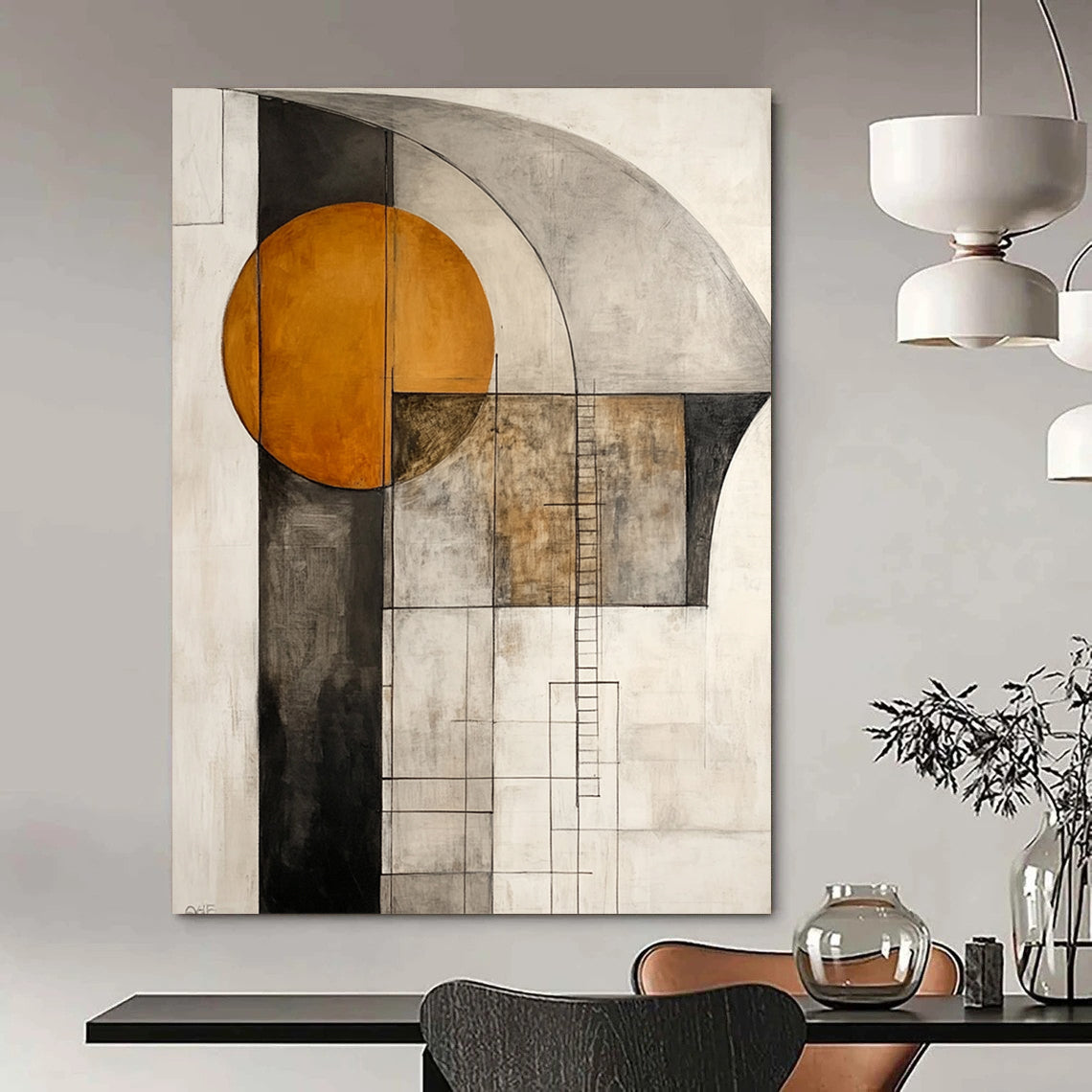 Contemporary abstract artwork featuring an orange circle and gray shapes with a large dark brown arch and a delicate ladder line drawing on a white background. DLZ1016