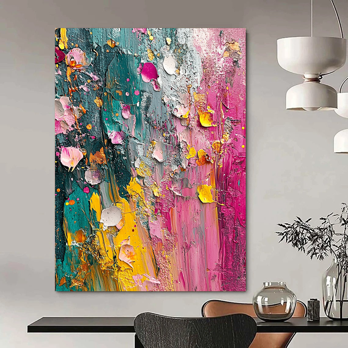 Contemporary hand-painted abstract artwork featuring vibrant colors and textured layers inspired by nature evoking the essence of springtime. DLZ1190