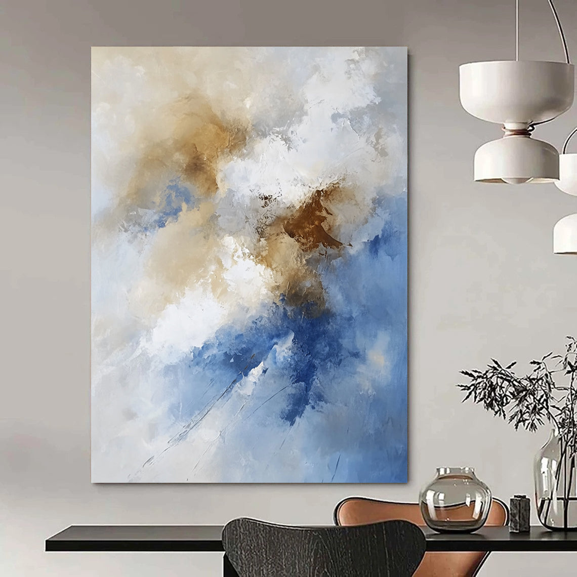 Large contemporary hand-painted abstract artwork featuring fluid lines and soft edges with tranquil beige and brown clouds creating an ethereal atmosphere. DLZ0325
