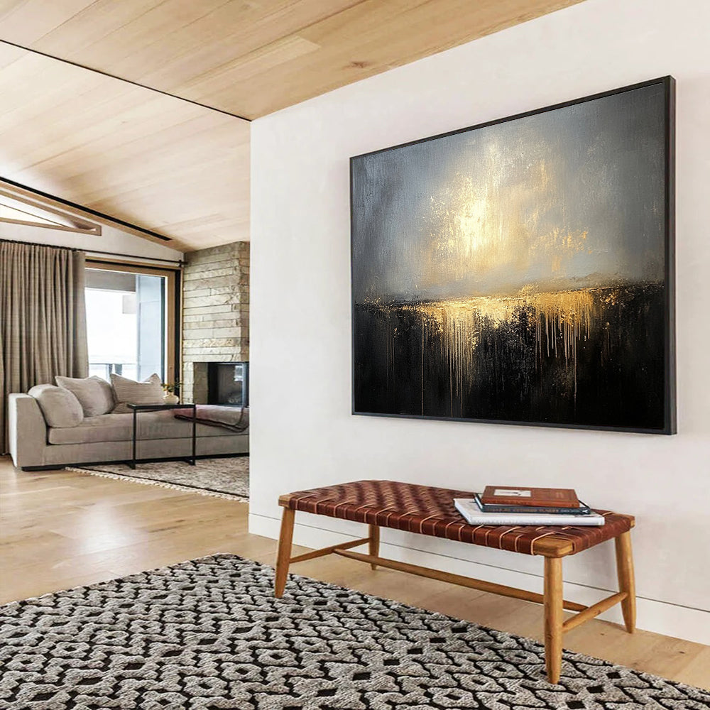 “Gilded Twilight Horizon” - Gray, Gold, Dripping Textures, Abstract Landscape Painting On Canvas HB0896