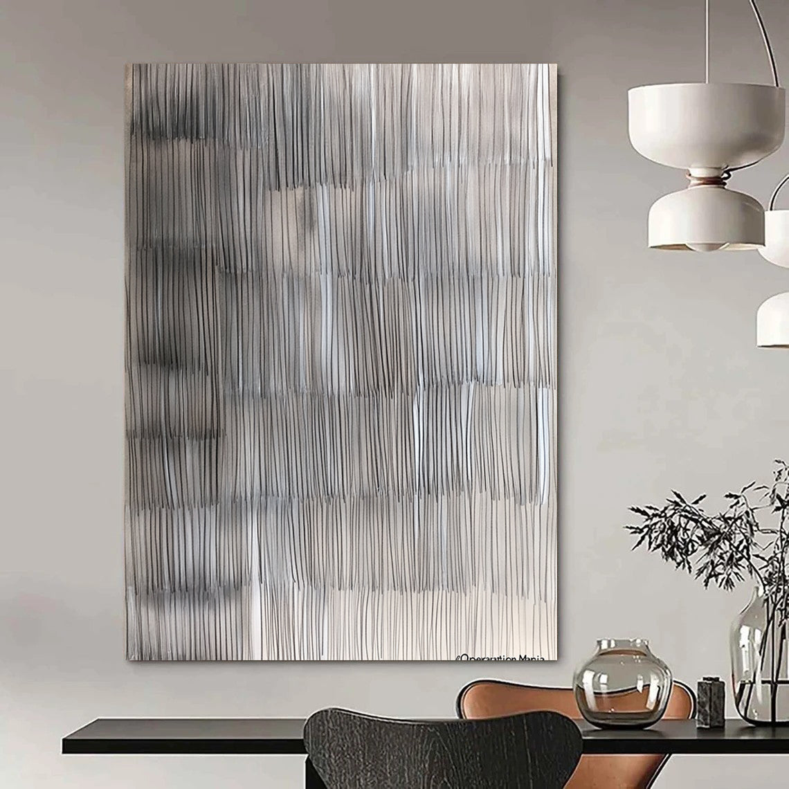 Contemporary hand-painted abstract artwork featuring intricate gray lines that mimic wood grain textures while blending realism and abstraction for a stunning visual depth. DLZ1253