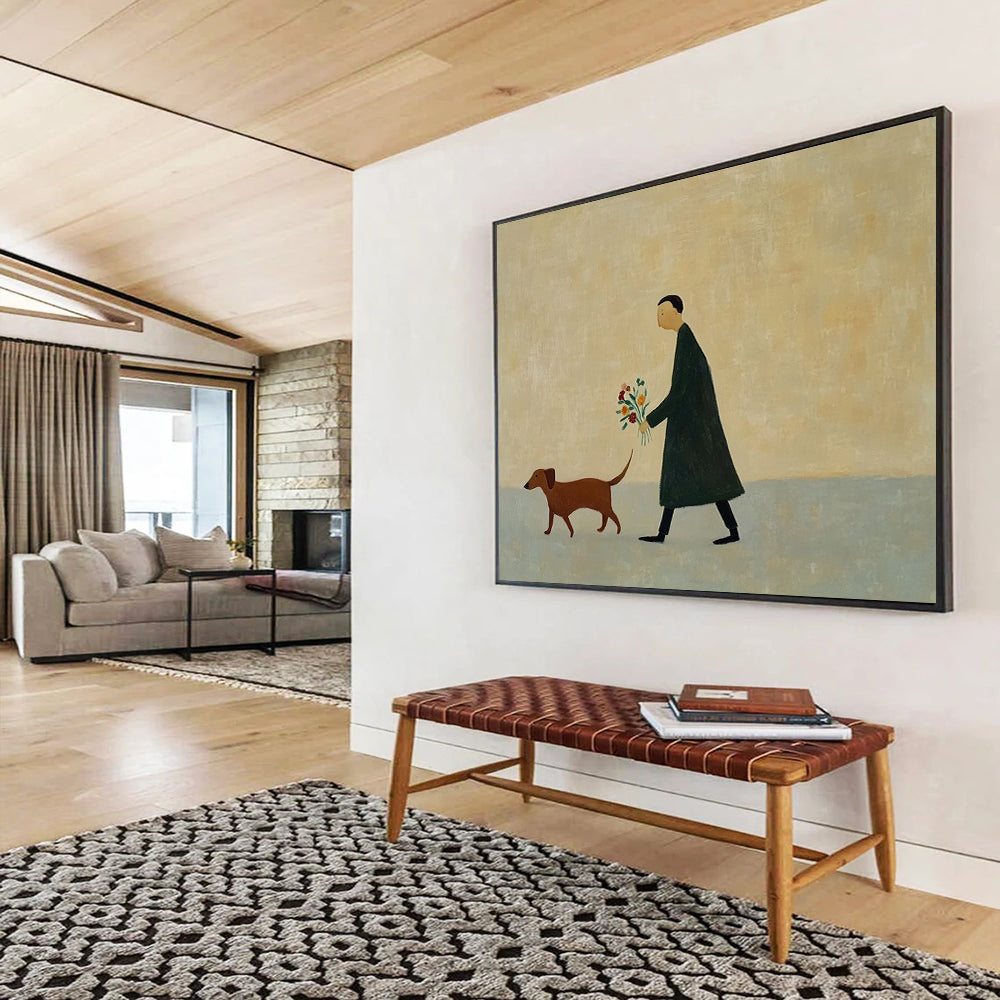 “Man Walking Dog with Flowers” - Simple figures, muted colors, peaceful scene, Minimalist Narrative Painting On Canvas HB0603