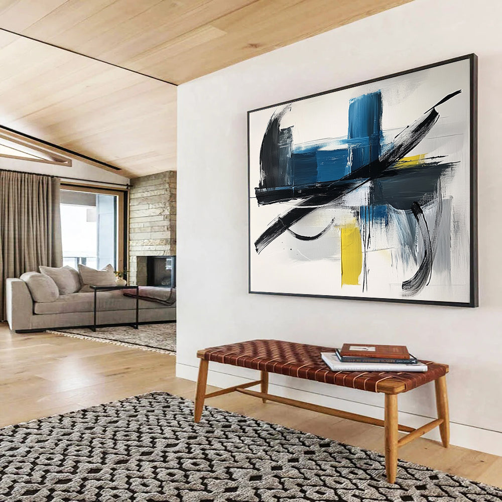 “Blue and Black Dynamism” - Blue, Black, Yellow, Gray, Bold Strokes - Abstract Expressionist Acrylic Painting HB1549