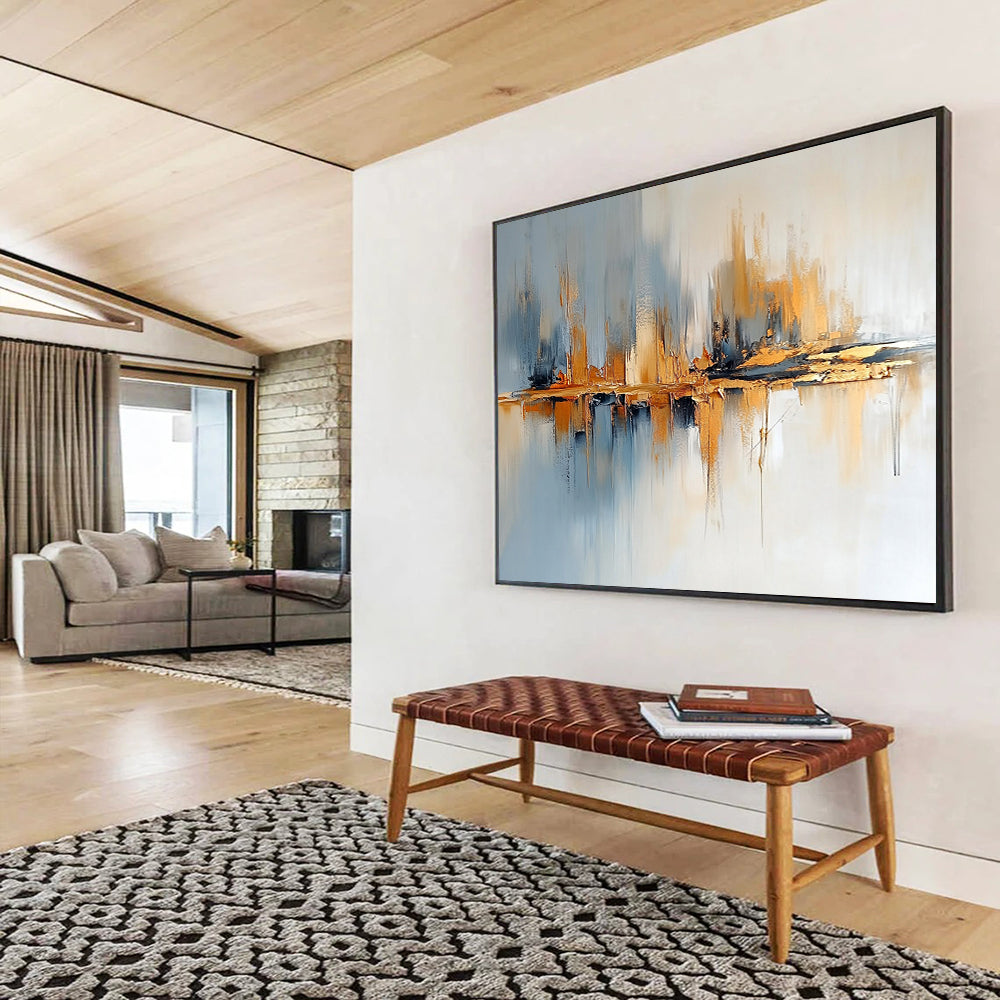“Abstract Cityscape with Reflection” - Gray, blue, gold; Abstract cityscape with reflective elements; Acrylic Painting On Canvas HB1243