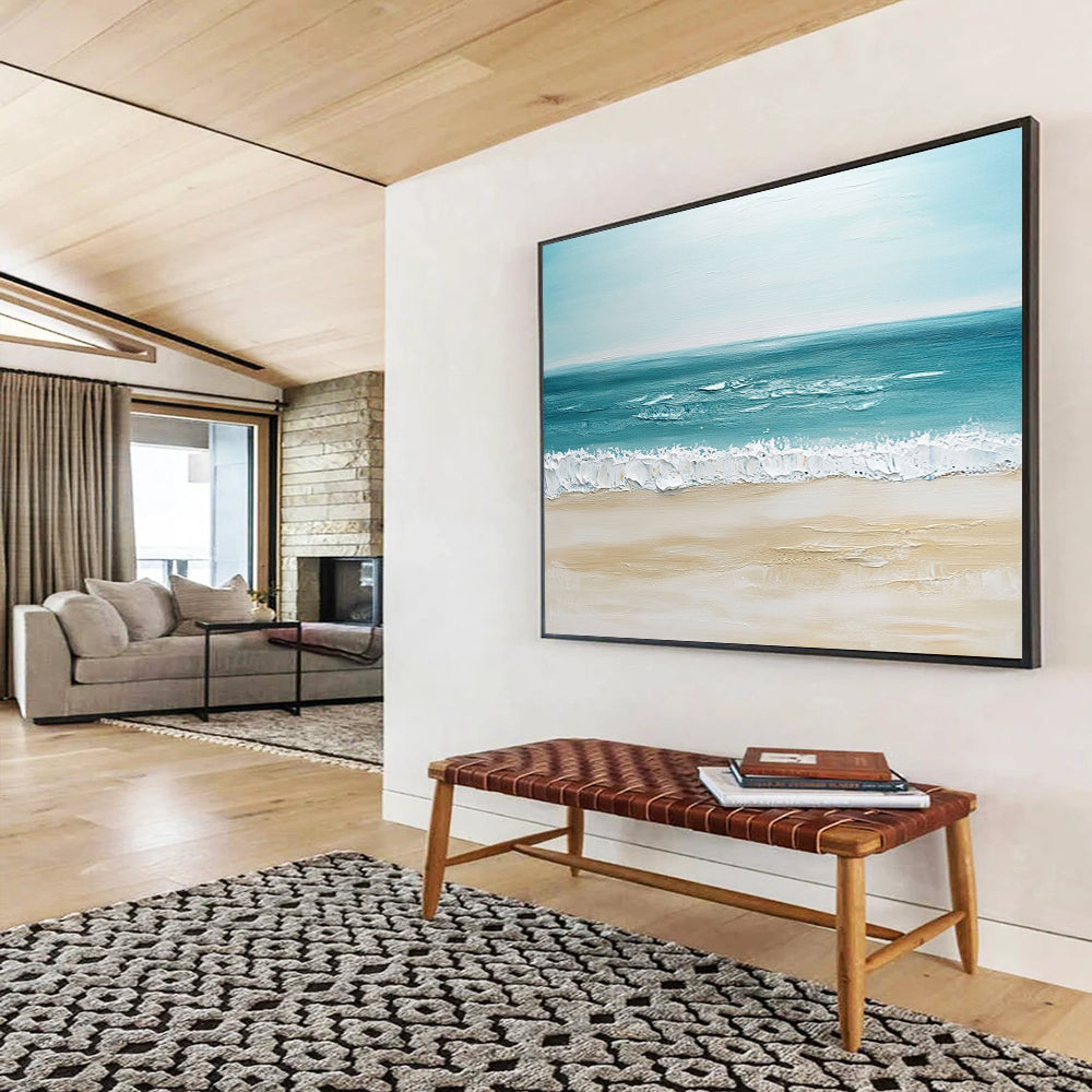 “Minimalist Beach” - Soft Blues, Beiges, Whites, Calm Beach Scene - Impasto Oil Painting HB1745