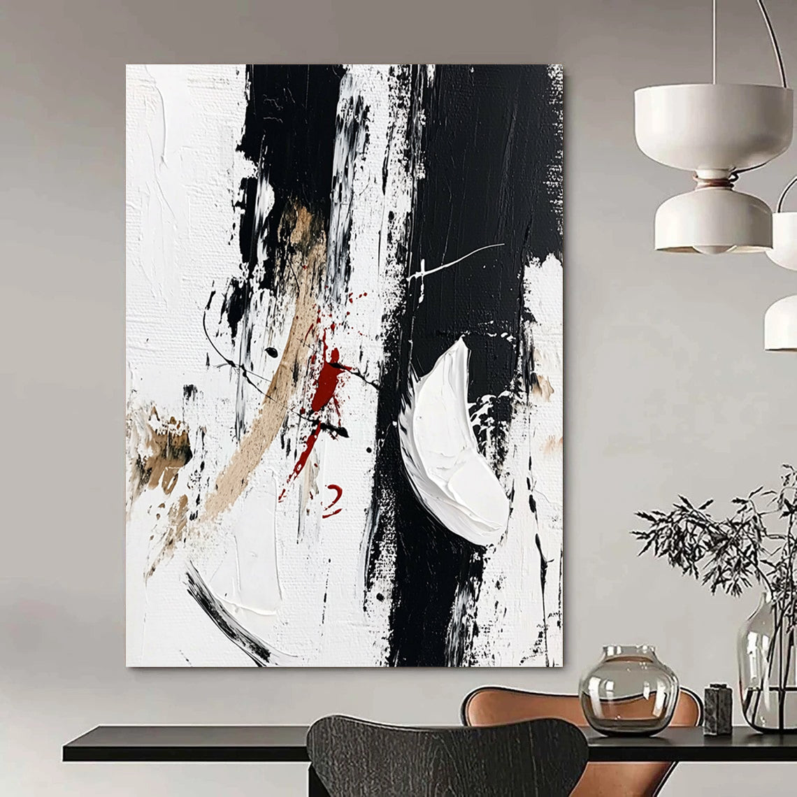 Contemporary abstract artwork features striking black brush strokes with white shoes embellished by vibrant red paint scribbles, embodying minimalism and fashion art style. DLZ0818