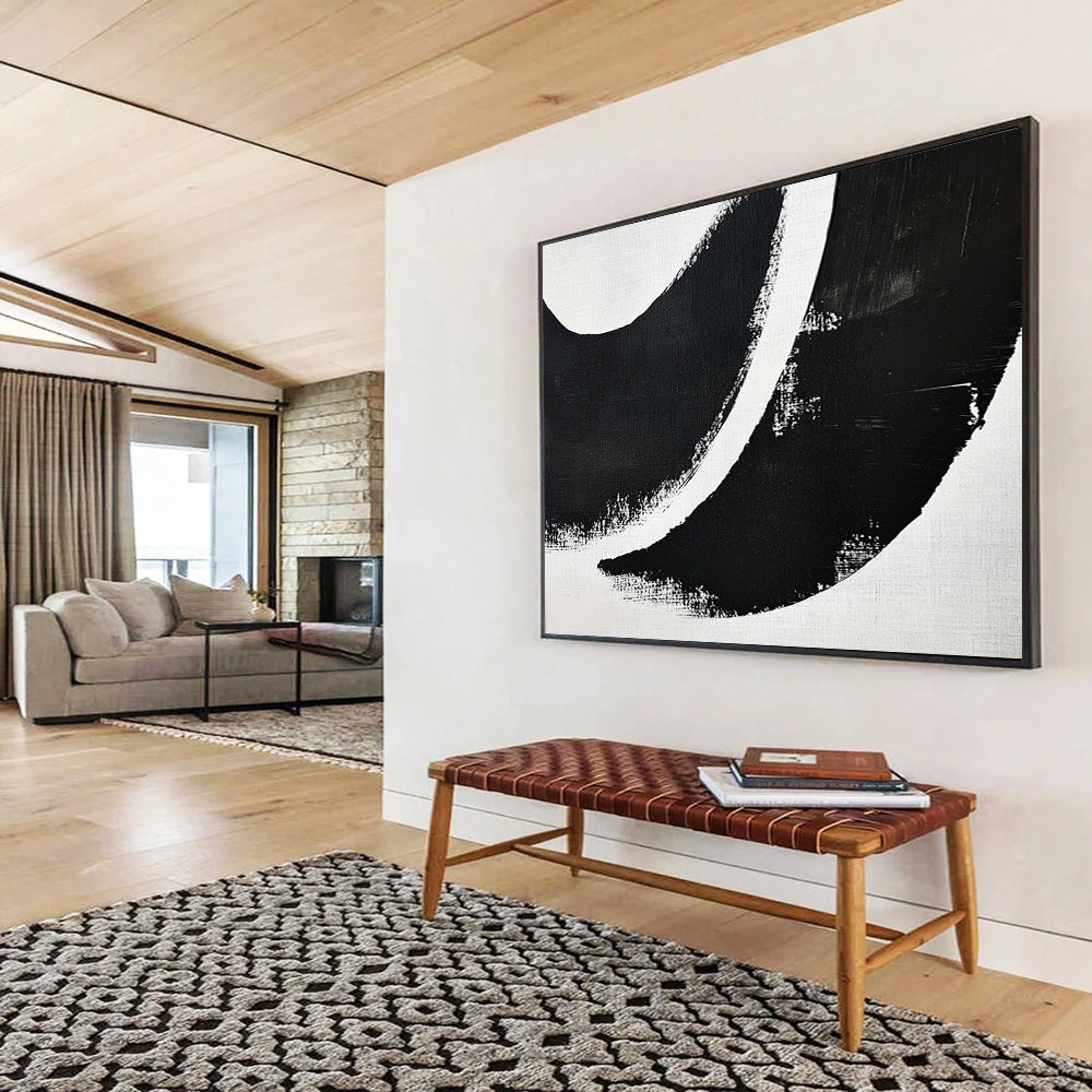 Black and White Curved Abstract Shapes - Graphic Abstract Painting On Canvas HB0493