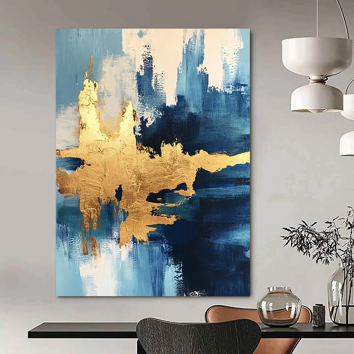 Contemporary abstract painting featuring ocean themes and textured gold foil accents for a luxurious artistic expression. DLZ0343