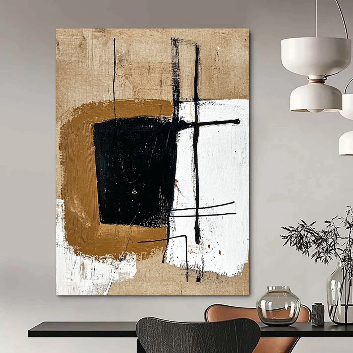 Contemporary abstract painting featuring a brown shape with black lines on beige, enhanced by brown and white geometric forms for a minimalistic touch. DLZ1160