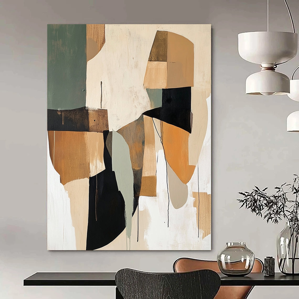 Contemporary abstract painting showcases loose brushwork with earthy beige and sage green shapes accented by brown black white and orange. DLZ0755