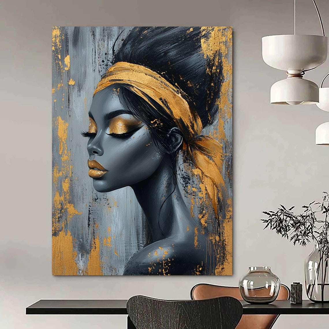 Contemporary abstract art featuring an elegant African woman with black and gold hair on a textured gray background adorned with gold paint splashes. DLZ0570