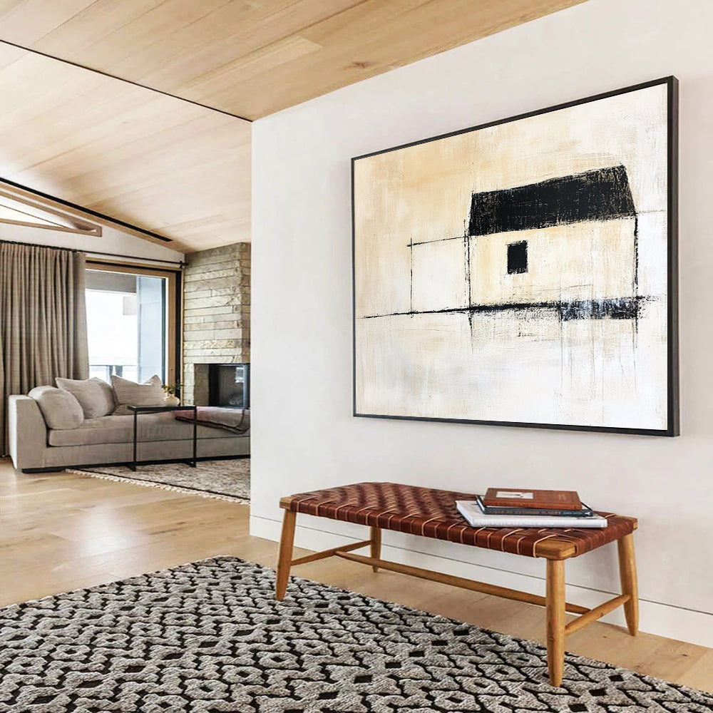 Minimalist Black - and - White House Silhouette – Abstract Acrylic Architectural Painting HB1468
