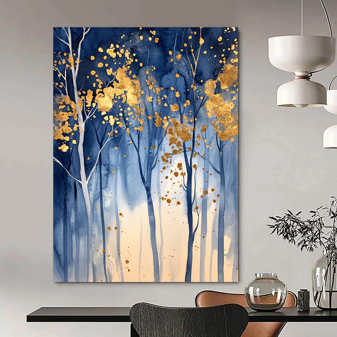 Contemporary hand-painted abstract artwork featuring an enchanted blue forest with golden leaf accents and soft lighting that evokes tranquility and magic. DLZ0326