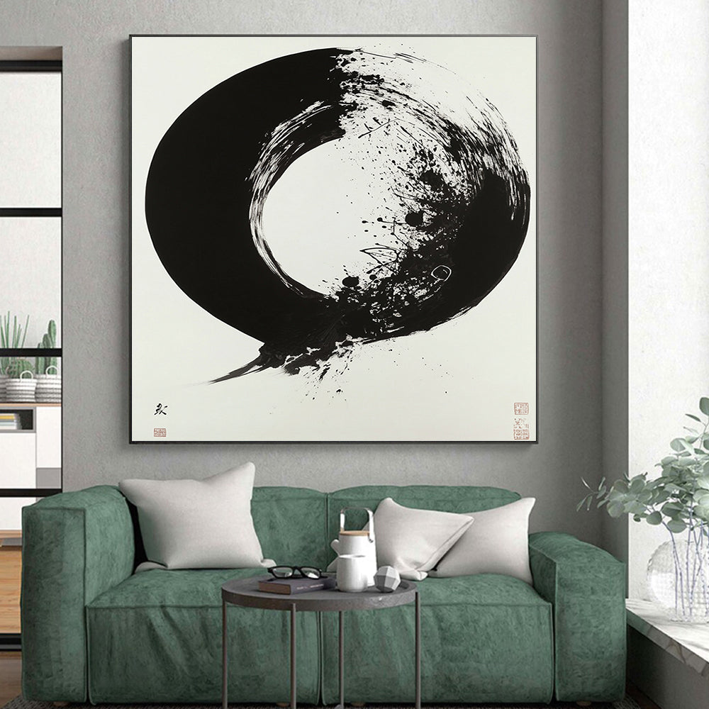 White, Black with Enso - like Circle "Zen Essence" Abstract Painting On Canvas HB020