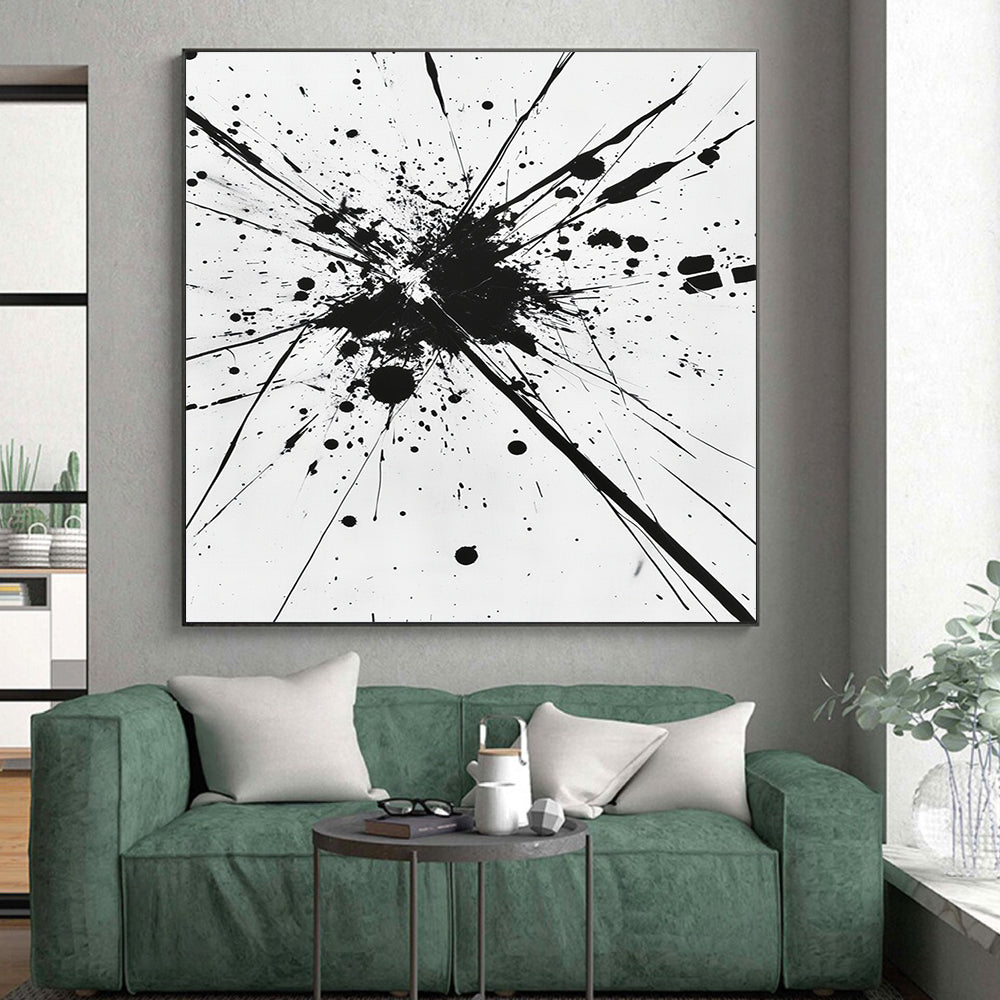 Black Splattered Explosion on White - “Energetic Ink Burst” Painting On Canvas HB218