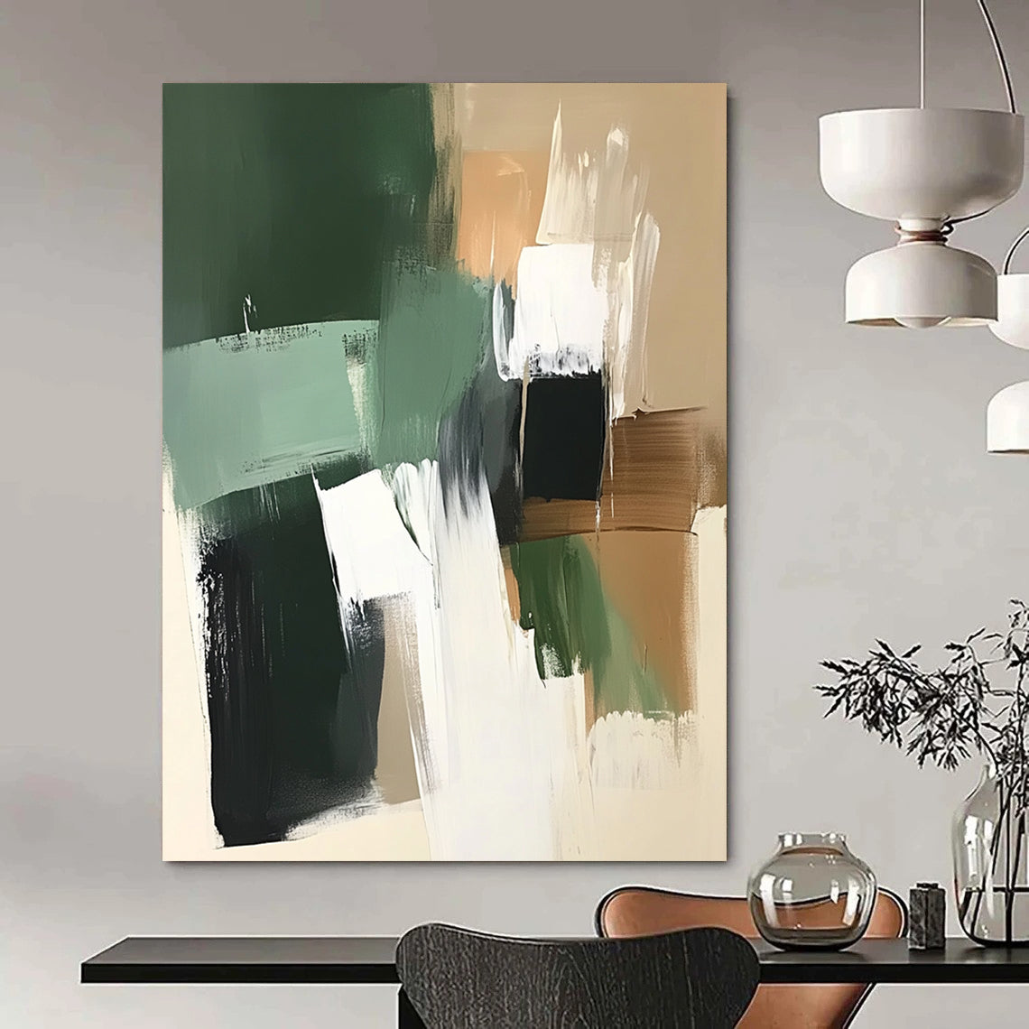 Contemporary hand-painted abstract artwork featuring green white and brown tones with thick brush strokes on a dark beige background with sage green shapes. DLZ1035
