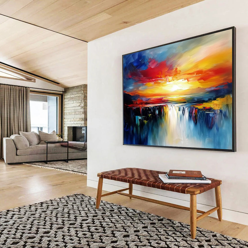 Vibrant Sunset Waterfall in Bold Colors - Expressive Abstract Landscape Painting On Canvas HB0437