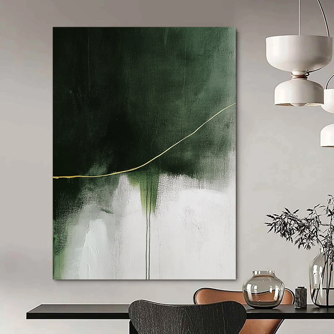 Contemporary abstract painting featuring a striking yellow line on a textured white and green background enhancing depth and visual impact. DLZ0847