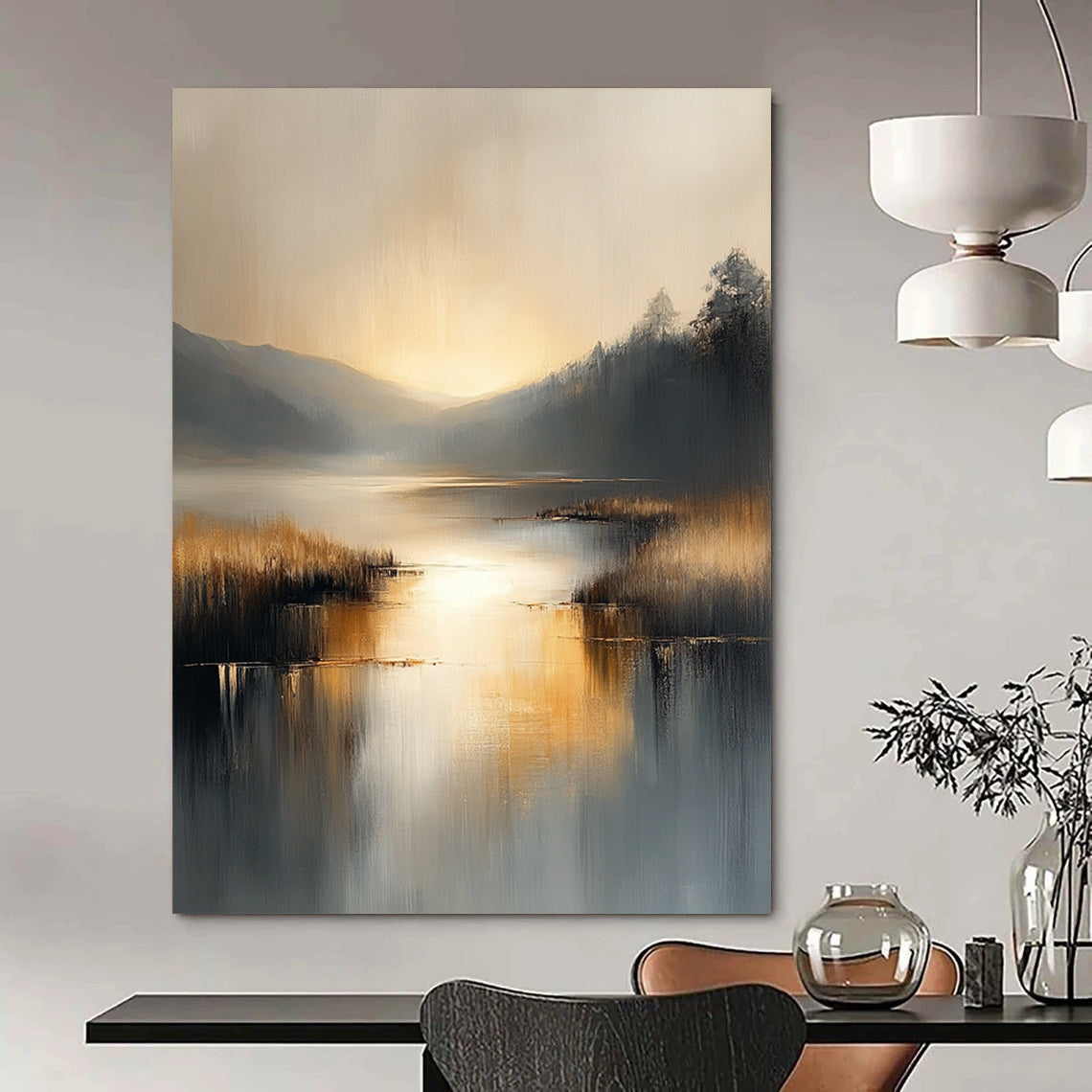 Contemporary abstract painting with soft gray and beige tones reflecting on water evokes serenity in a large canvas illuminated by golden hour light. DLZ0417
