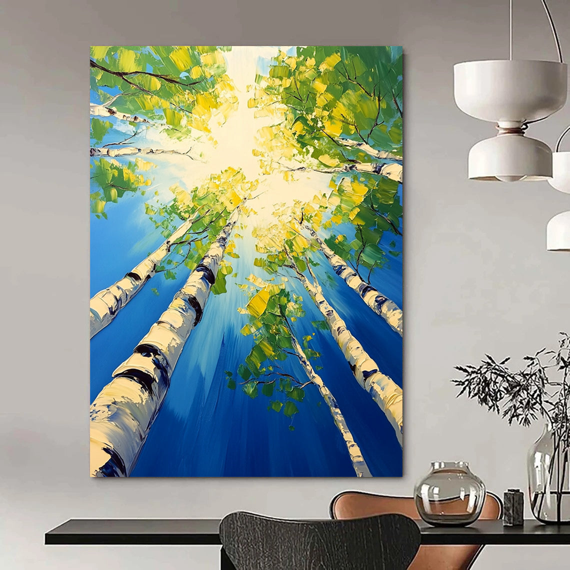 Contemporary hand-painted artwork depicting birch trees with vibrant green leaves under a bright blue sky capturing tranquility and vitality. DLZ1708