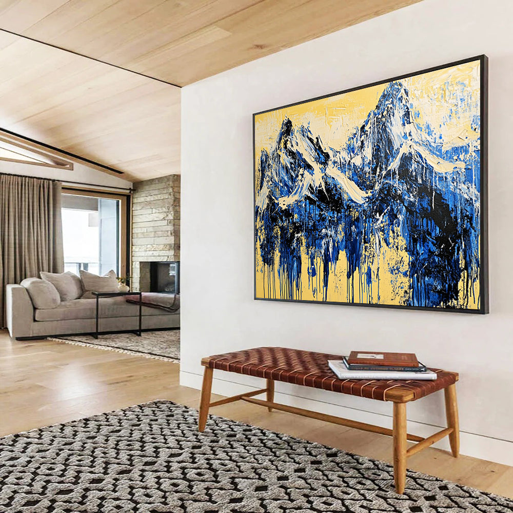 “Mountain Streams of Blue and Yellow” - Blue, yellow; Abstract mountain peaks; Drip - style Acrylic Painting On Canvas HB1187