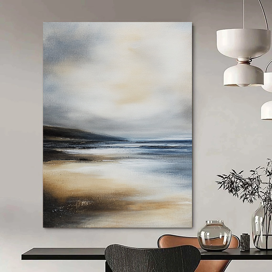 Contemporary hand-painted abstract art featuring a serene beach landscape with muted gray-blue and beige colors evoking tranquility and coastal essence. DLZ0283