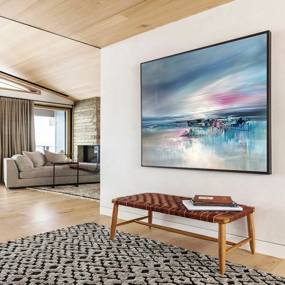 “Abstract Seaside Blush” - Blue, Pink, Gray, Dreamy Coastal Horizon Painting On Canvas HB1031